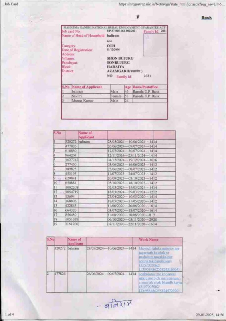 MGNREGA job card document image