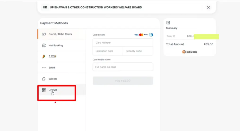 Payment options for labour card renewal including UPI net banking and cards