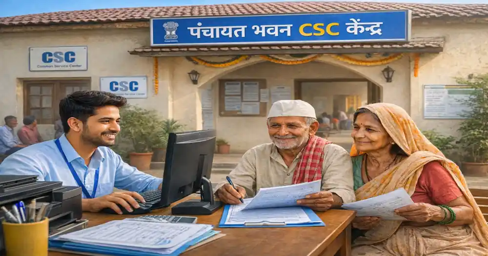 पंचायत सहायक और जन सेवा केंद्र में बुजुर्ग दंपति द्वारा पेंशन आवेदन प्रक्रिया